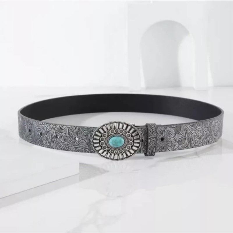 Unbranded Women's Western Silver Faux Turquoise Stone Belt