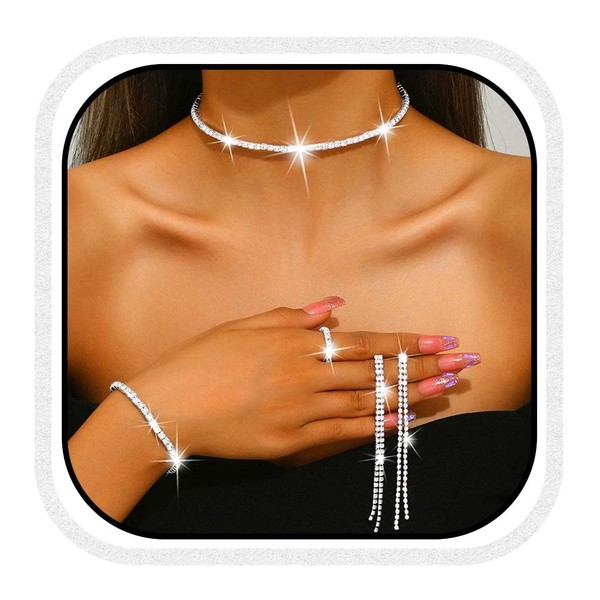 Reaky Rhinestone Necklaces Silver Tone Bridal Jewelry Set 4pcs Crystal