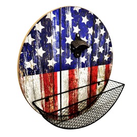 Wooden American Flag Bottle Opener With Cap Collector Catcher In Round Shape, Mounts Easily On Any Wall, Vintage Wood Wall Mounted Bottle Opener, Ideal Gift For Men And Beer Lovers, Bar Decoration