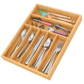 BAMEOS Bamboo Silverware Drawer Organizers, 11.9 inch Utensil Drawer Organizer for Kitchen Drawers, 7 Slots Total Large Flatware Organizer for Knives Cutlery Spoons Forks (Natural)