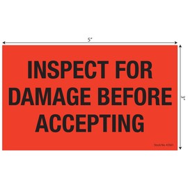 Tabbies Shipping & Handling Labels Fluorescent Red, "3"W x 5"H "INSPECT for Damage Before Accepting" 500 Labels/Roll, 12 Rolls Per Box (43561)