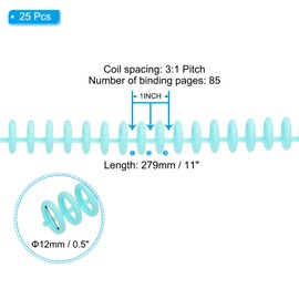 PATIKIL 12mm(1/2") Plastic Spiral Binding Coils, 25 Pcs Binding Spirals 85 Sheet Capacity 3:1 Pitch Binding Spirals for Binding Paper Sheets, Coral Blue