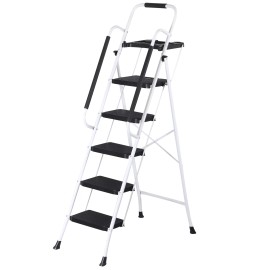 SEGAWE 5 Step Ladder Folding Steel Step Stoo w/Non-Slip Wide Pedal and Tool Tray White
