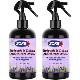Zorbx Refresh & Relax Odor Remover Spray w/Lavender & Lemongrass — Air Freshener Odor Absorber for Home, Clothes, Kitchen, Room, Fabric, Furniture, Cars (8 Fl Oz, 2 Pack)