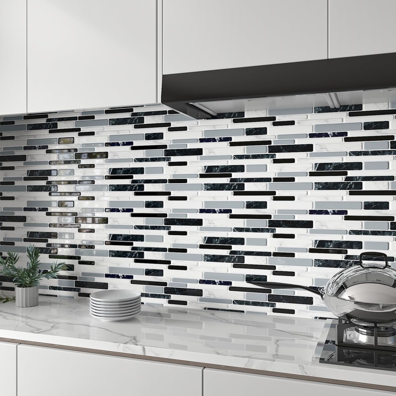 CHIHUT 6 Sheets 12"x12" Black White Gray Marble Mosaic Peel