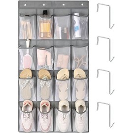 F-color Cruise Ship Essentials 2025 Hanging Organizer - Mesh Over the Door Shoe Organizer Space Saving Large 16 Mesh Pockets Sturdy Quick Dry Storage Holder with 4 Hooks, Grey