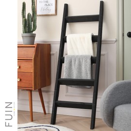 FUIN 5ft (58") Wood Blanket Ladder Living Room Decorative Wall Leaning Farmhouse Quilt Display Holder Storage Rustic Wooden Towel Rack for Bathroom, Black
