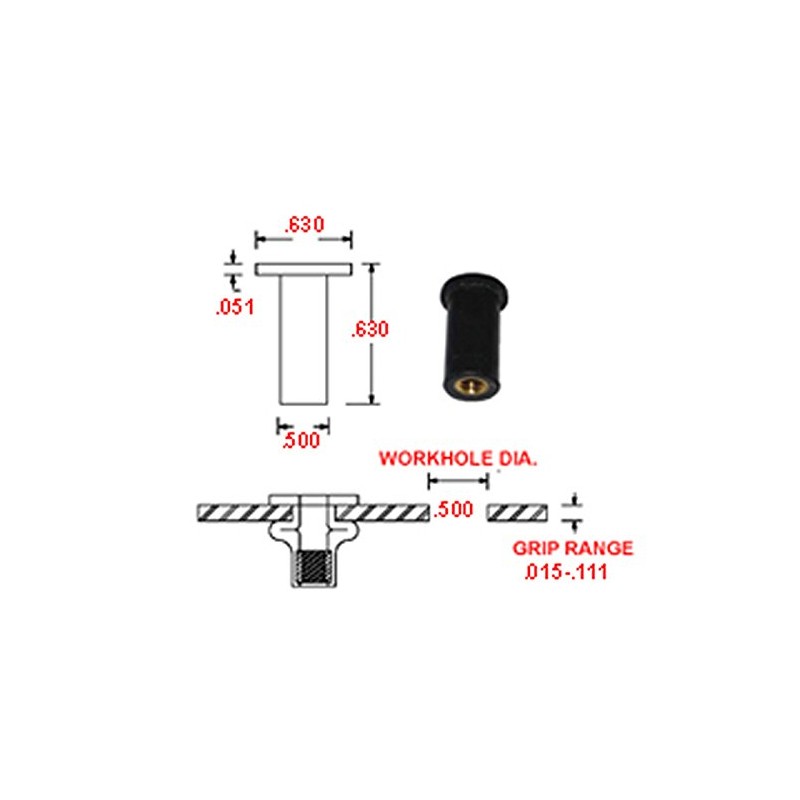 Rubber-NUT Threaded Inserts, 1/4"-20 Thread Size, .015-.111 Grip Range (Pack