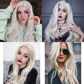 TANTAKO Long Platinum Blonde Wig,With Small Deeper Middle Part Lace Blonde Lace Front Wig for Women Daily Synthetic Wig (Blonde 364)