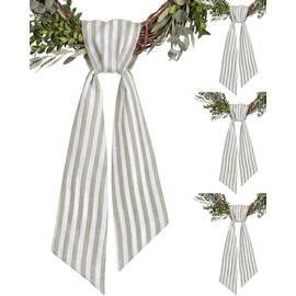 4 Pack Beige and White Striped Wreath Sash for Front Door, Neutral Farmhouse Bows for Fall and Thanksgiving, 55 Inch Porch Decor