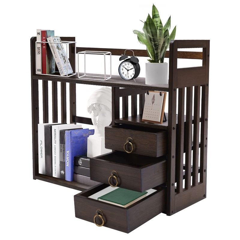 Bamboo Bookshelf, Desktop Organizer Office Desk Rack Storage Shelves, with