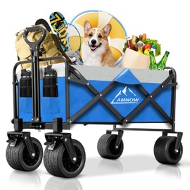 Collapsible Foldable Wagon, Utility Large Capacity Beach Wagon with Big Wheels, Shopping Wagon Cart with Side Pocket and Brakes for Sand Garden Grocery Sports Camping