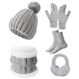 Knitted Hat and Scarf Set 5 PCS Winter Cold Weather Set, Ski Outing Set Plush Ear Warmers Beanie Hat Scarf Touch Screen Gloves Women Thermal Socks for Skiing Outdoor Sports (Grey)