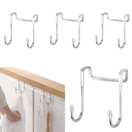 RUCUDIM Door Hooks, Pack of 4 Coat Hooks, Double Hooks, Stainless Steel, No Drilling Hooks, Shower Door Hooks, Door Hanger Hooks for Kitchen, Bathroom, Living Room (Silver