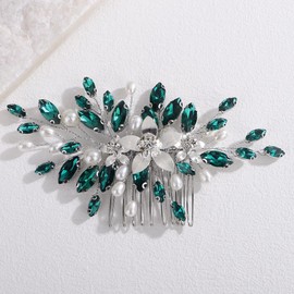 Lenjicons Elegant Flower Rhinestone Hair Comb Faux Pearls Rhinestone Wedding Headpiece Luxuries Crystal Beads Bridal Hair Comb Wedding Hair Accessories for Women (peacock green(silver))