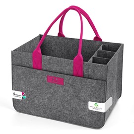 Eurhomewit Felt Shopping Baskets, Felt Bag, Shopping Bag with Compartments, Felt Bag, Large 30 L, Foldable Bottle Bag, Firewood Bag, Clothes Basket, Toy Bag (Smiley Medium Grey + Magenta/1 Piece)