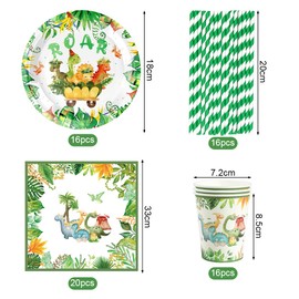 Pack of 68 Dinosaur Party Tableware for 16 Guests, Dinosaur Birthday Decoration, Dinosaur Party Plates, Cups, Napkins, Jurassic Party Decoration for Boys Girls Children's Birthday