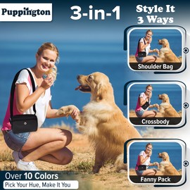 Puppington 3-in-1 Crossbody & Dog Treat Pouch for Pet Training - Matching Compostable Poop Bags, Built-In Poop Bag Dispenser & Slow-Feeding Travel Dog Bowl - Dog Walking Bag (Onyx Black)