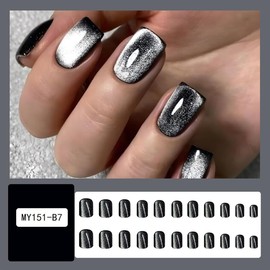 Black Press on Nails Fake Nails Short Square Fake Nails Full Cover Glossy Acrylic Nails Artificial Stick on Nails Daily Wear False Nails for Women and Girls Nail Art Decoration 24Pcs