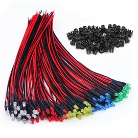 NCTNCX Pack of 100 Pre-Wired LED Diodes Light 12 V 100 Pieces 3 mm LED Mounting Rings Plastic 3 mm LEDs with 20 cm Cable (Red, Yellow, Blue, Green, White, Pack of 20)