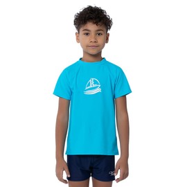 LACOFIA Boys' Short-Sleeved Swimming Shirt Children's Sun Protection Swimming Shirt Kids Rash Guard Quick-Drying, Sky blue print, 146 - 152