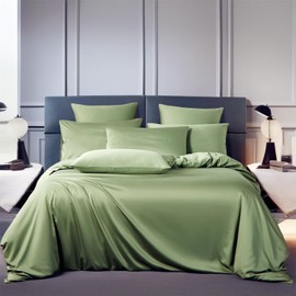 Boqingzhu Bamboo Bed Linen 155 x 220 cm Green Sage Green Plain Single Bed Luxury Lyocell Silk Bedding Set Duvet Cover with Zip and 2 Pillowcases 80 x 80 cm