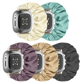 DKGKOO Scrunchie Watch Strap for Women Compatible with Versa 4 / Versa 3 /Sense/Sense 2 Elastic Scrunchy Replacement Band Soft Stretchy Band (5 Pack F,L-Size)