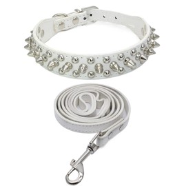 Yiwong Spiked Leather Dog Collar Lead Set, Bullet Nail Rivet Dog Collar, Leather Dog Collar with Studs, for Medium Size, Pitbull, English Bulldog (M, White)