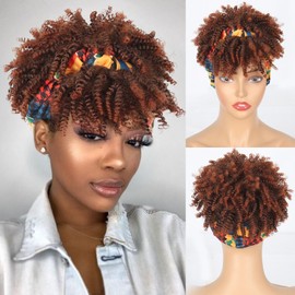 Aisaide Brown Afro Kinky Headband Wig with Bangs for Women Ombre Headband Wig Synthetic Afro Kinky Curly Hair Wig with Headband Attached Short 1B-30# Kinky Curly Afro Puff with Bangs Headband Wig
