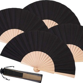 4 Pieces Wooden Folding Fan Fabric Handheld Fans Craft Decoration Fan with Drawstring Organza Bags for Men Women Girls Party Supply (Black)