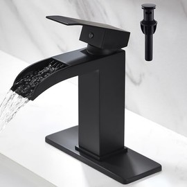 Waterfall Bathroom Faucet Black - Single Handle Bathroom Sink Faucets 1 or 3 Hole for 4IN Modern Solid Vanity Faucet with Deck Plate & Overflow Pop Up Drain Matte Black