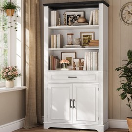 SEDETA Farmhouse Bookshelves and Bookcases with Doors and Drawer, Bookshelf with Storage, Floor Standing 6 Shelf Display Storage Shelves 70 in Tall Bookshelf for Home Office, Living Room, White