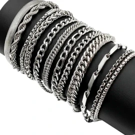 Ycrigns® 12pzs Pulseras Acero Inoxidable Cubano Eslabón Plata Hombre