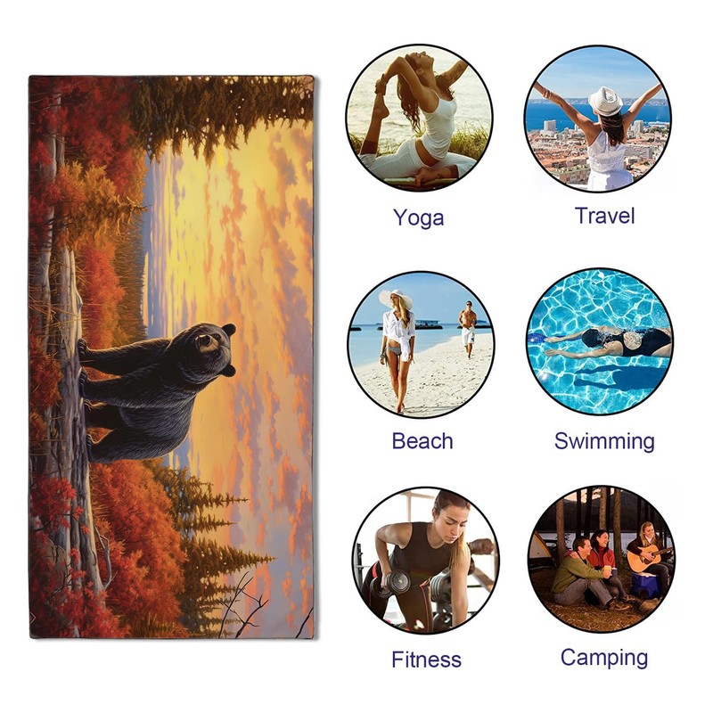 YISUMEI Microfibre Beach Towel Printed with Black Bear, Soft, Lightweight,