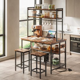 IRONCK Kitchen Island with 2 Stools, Bakers Rack with Power Outlet, Large Kitchen Island Table with Shelves, Coffee Bar Table Set for Kitchen Dining Room, 10 Hooks