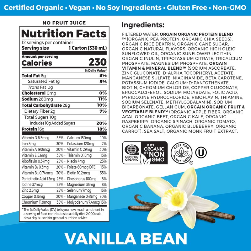 Orgain Organic Nutritional Vegan Protein Shake, Vanilla Bean - 16g