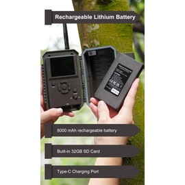 GardePro E8PMB Trail Camera, WiFi Bluetooth, Rechargeable 8000mAh Battery, Built-in SD Card, 64MP 1296p, Fast 0.1s Trigger Speed Motion Activated, No Glow Night Vision, for Hunting, Deer Camera