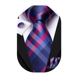 Hi-Tie Ties for Men Silk Necktie Pocket Square Cufflinks Wedding Formal Party Gift for Men,Blue Pink Plaid