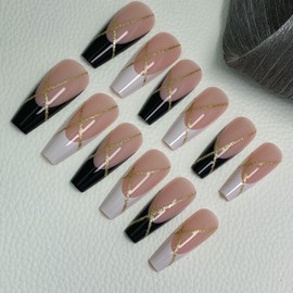 ParadiseWind Coffin Press on Nails,24 PCS Long Black and White Shimmering Gold French Tips Press on Nail Kit with Glue,French Full Cover Nail Tips with Glitter,Acrylic Fake Nails for Women and Girls.