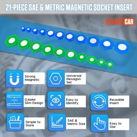 PLAYOCCAR SAE & Metric Magnetic Socket Insert, 21Piece Hexagon Set (8mm - 19mm & 3/8" - 5/16") with Two Colors & Size Marks