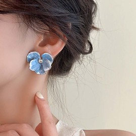 Inateannal Blue Flower Stud Earrings Enamel Floral Petal Earrings Large Butterfly Orchid Earrings Cubic Zirconia Rhinestone Flower Earrings Big Petal Statement Earrings Jewelry for Women