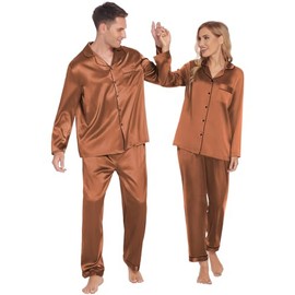 Ekouaer Sleep Set Men's Classic Silk Pjs Casual Loose Sleepwear with Pockets His and Hers Matching Pajamas Brown,S