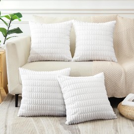 Sungeek Set of 4 Soft Corduroy Decorative Cushion Covers 45x45cm Square Striped Throw Pillow Covers 18x18 Inch for Sofa Couch Living Room Patio Farmhouse Boho Home Decor Pillowcases (White)