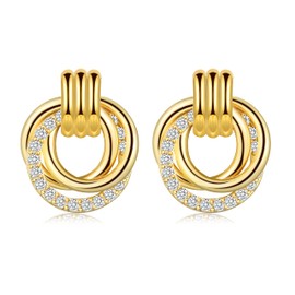 Gold Hoops Earrings for Women Girls, Chunky Hoop Earrings Triple Round Dangle Huggie Drop Interlocking Link Earrings Jewellery Girls Gifts