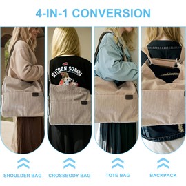 Wytidian Corduroy Tote Backpack Crossbody Bag for Women, Convertible Shoulder Bags Designer Handbag for College, Work (Beige)