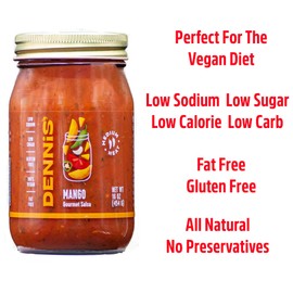 All-Natural Mango Salsa by Dennis’ Gourmet | This fresh, hearty restaurant salsa is low in sugar, calories, carbs, and sodium. Fat and gluten-free, vegan! Includes 1-16 oz jar.