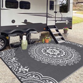 GAOMON 6' x 9' Reversible Mats, Plastic Straw Rug, Modern Area Rug, Large Floor Mat for Outdoors, RV, Patio, Backyard, Deck, Picnic, Beach, Trailer, Camping, Porch, Balcony, Persia Grey & White