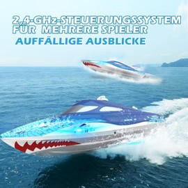 DEERC RC Boat with LED Light, Remote Controlled Shark Boat for Pools and Lakes, 20+ km/h RC Boat, 2.4 GHz Racing Boats, Pool Toy for Children from 8 Years