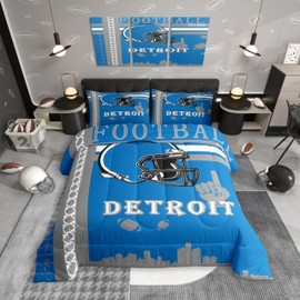Feelyou Football Bedding Set Boys Girls Queen Size Detroit Comforter Set American Football Gifts for Football Fans Women Men Football City Comforter Rugby Sports Duvet Set Gray Blue Room Decor