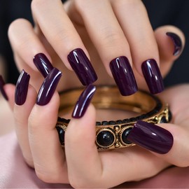 LINSSQ Glossy Dark Purple Press on Nails, Medium Length Squoval False Nails, Beauty Solid Color Manicure Reusable UV Gel Fake Finger Nail Art for Daily Office Party